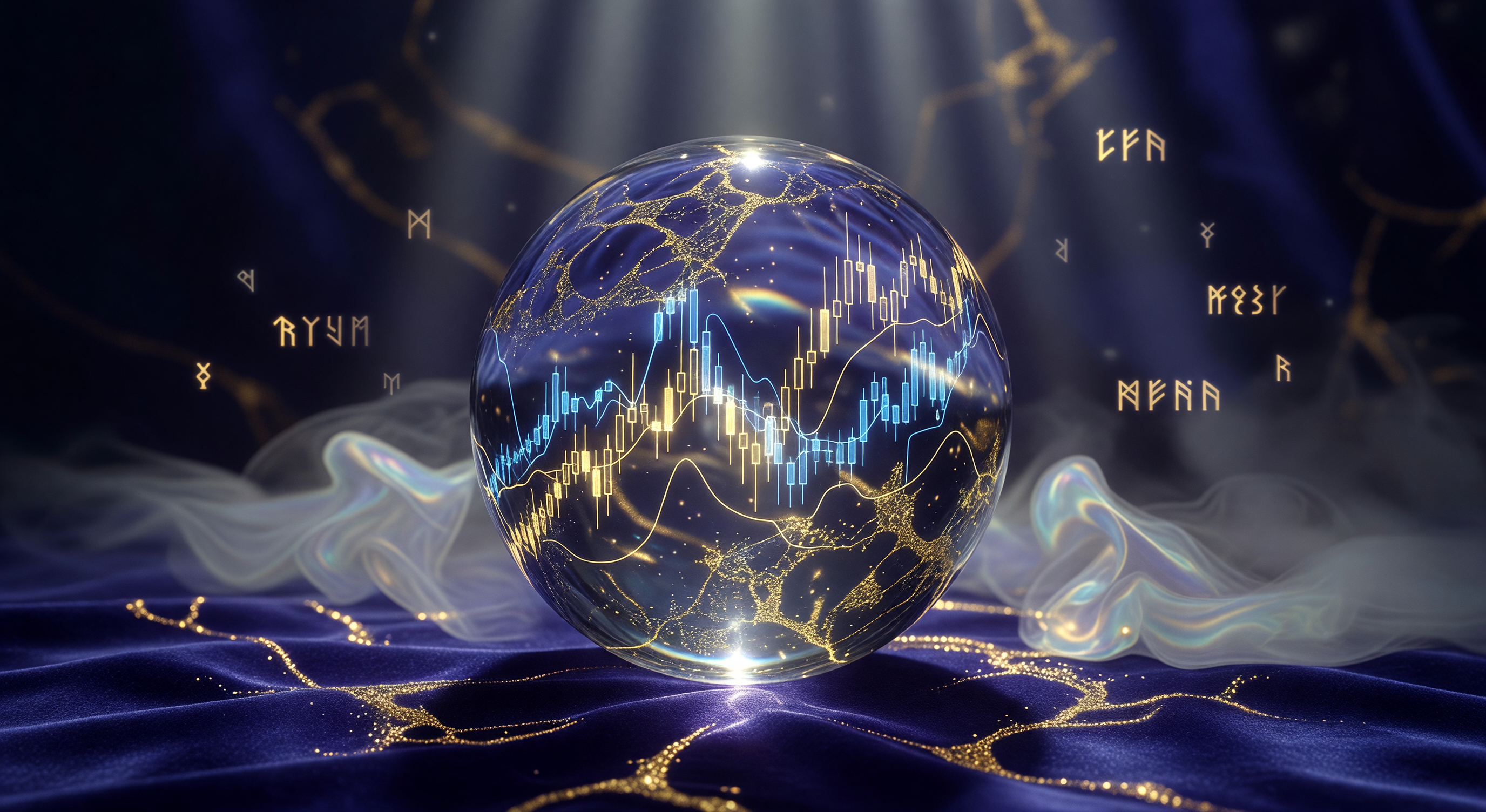 Crystal ball reflecting a candlestick chart
